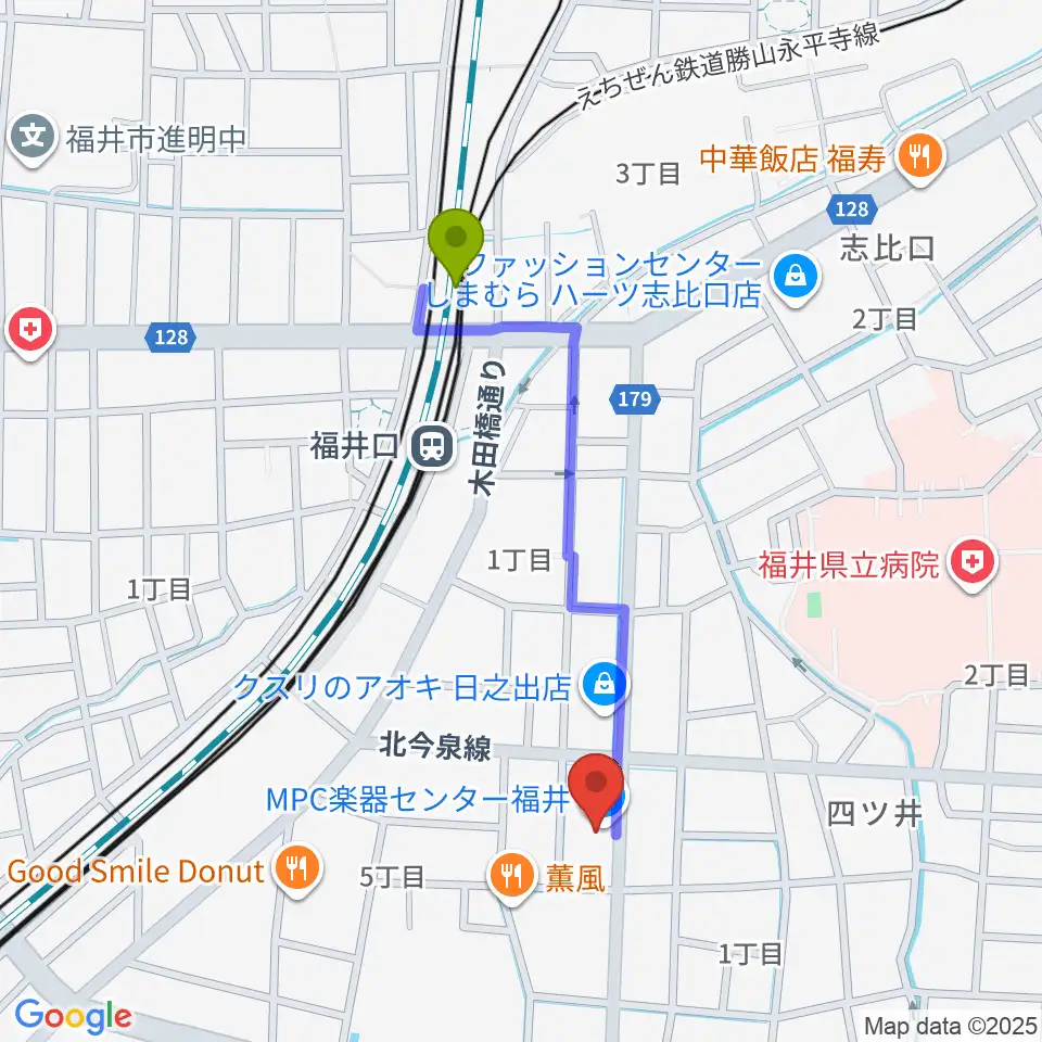 MPC楽器センター福井の最寄駅福井口駅からの徒歩ルート（約8分）地図