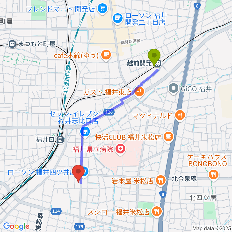 越前開発駅からMPC楽器センター福井へのルートマップ地図