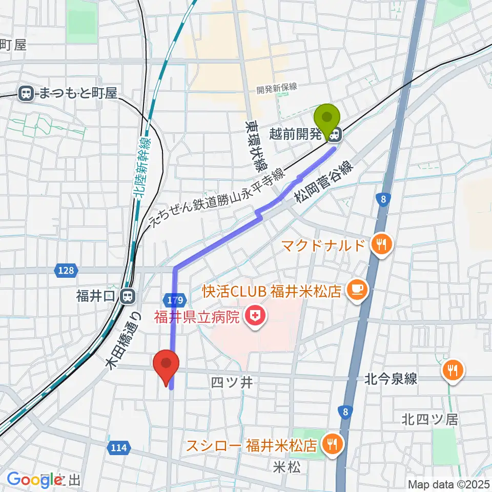 越前開発駅からMPC楽器センター福井へのルートマップ地図