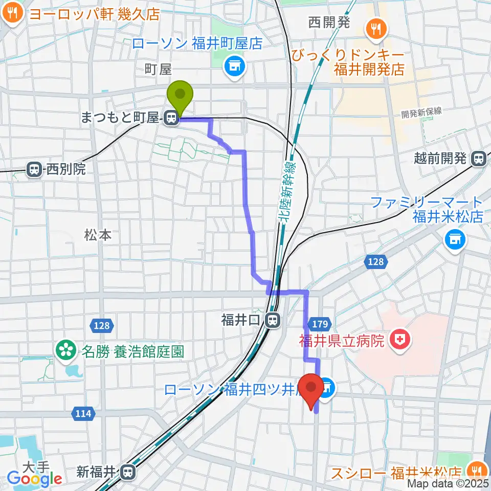 まつもと町屋駅からMPC楽器センター福井へのルートマップ地図