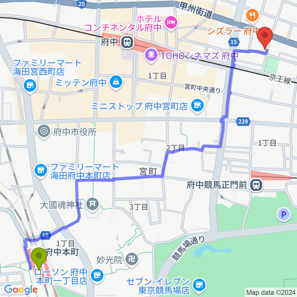 府中本町駅から府中スタジオフライトへのルートマップ地図