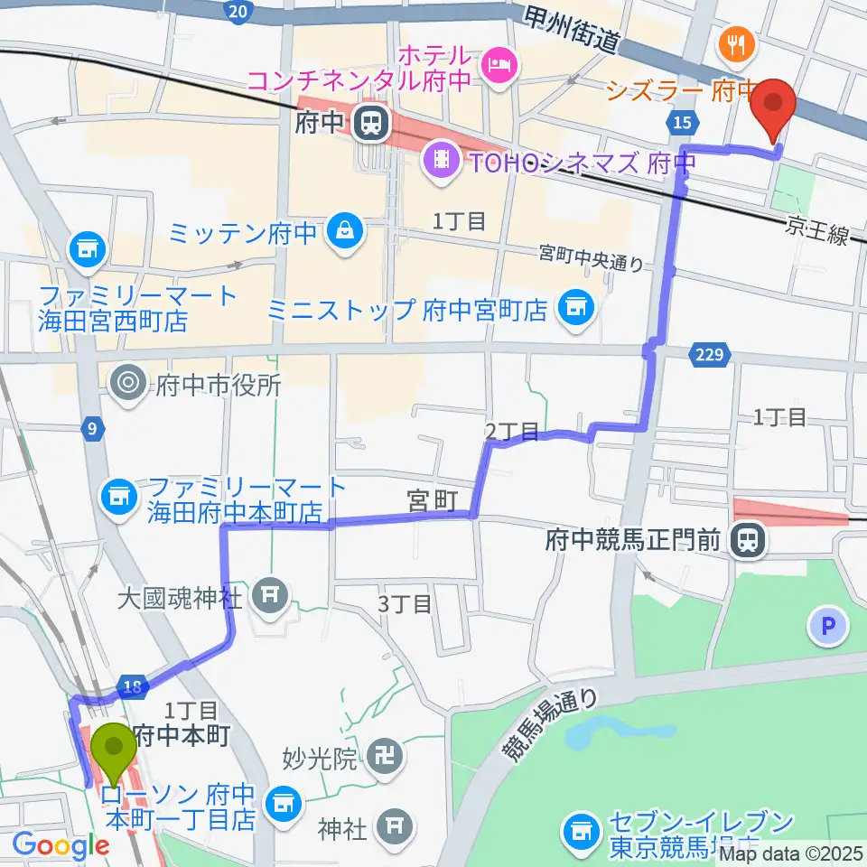 府中本町駅から府中スタジオフライトへのルートマップ地図