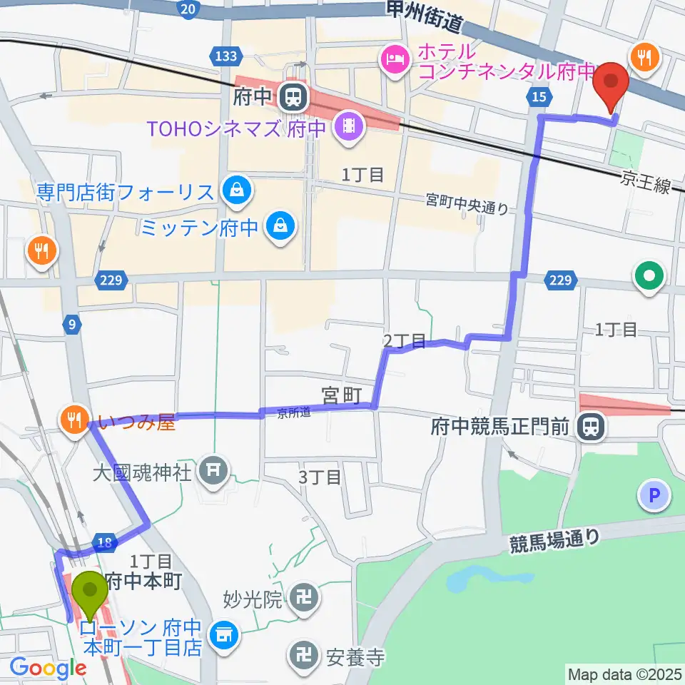 府中本町駅から府中スタジオフライトへのルートマップ地図