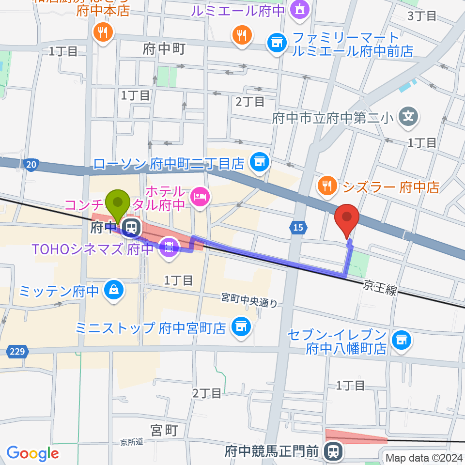 府中駅から府中スタジオフライトへのルートマップ地図