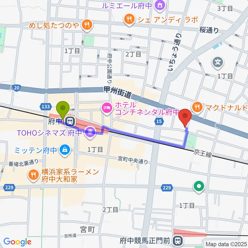 府中駅から府中スタジオフライトへのルートマップ地図