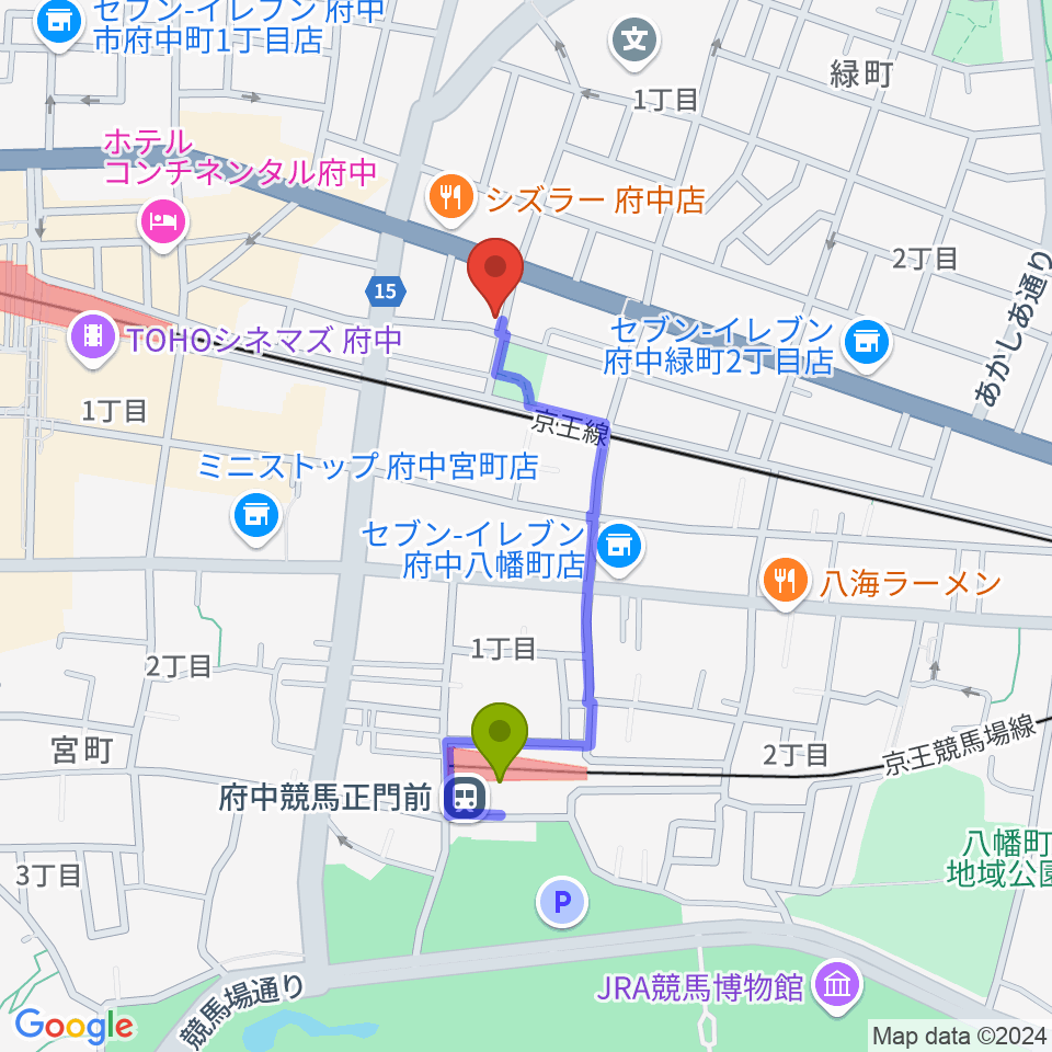 府中スタジオフライトの最寄駅府中競馬正門前駅からの徒歩ルート（約7分）地図