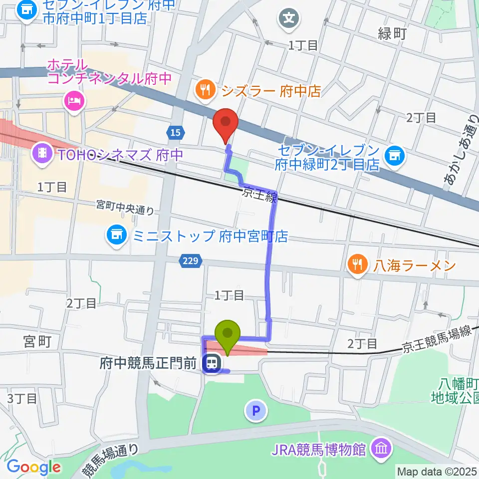 府中スタジオフライトの最寄駅府中競馬正門前駅からの徒歩ルート（約7分）地図