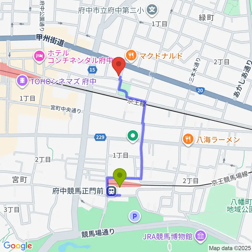 府中スタジオフライトの最寄駅府中競馬正門前駅からの徒歩ルート（約7分）地図