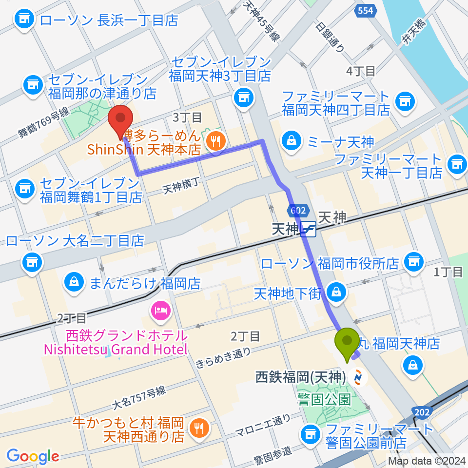 西鉄福岡（天神）駅から天神ブードゥーラウンジへのルートマップ地図