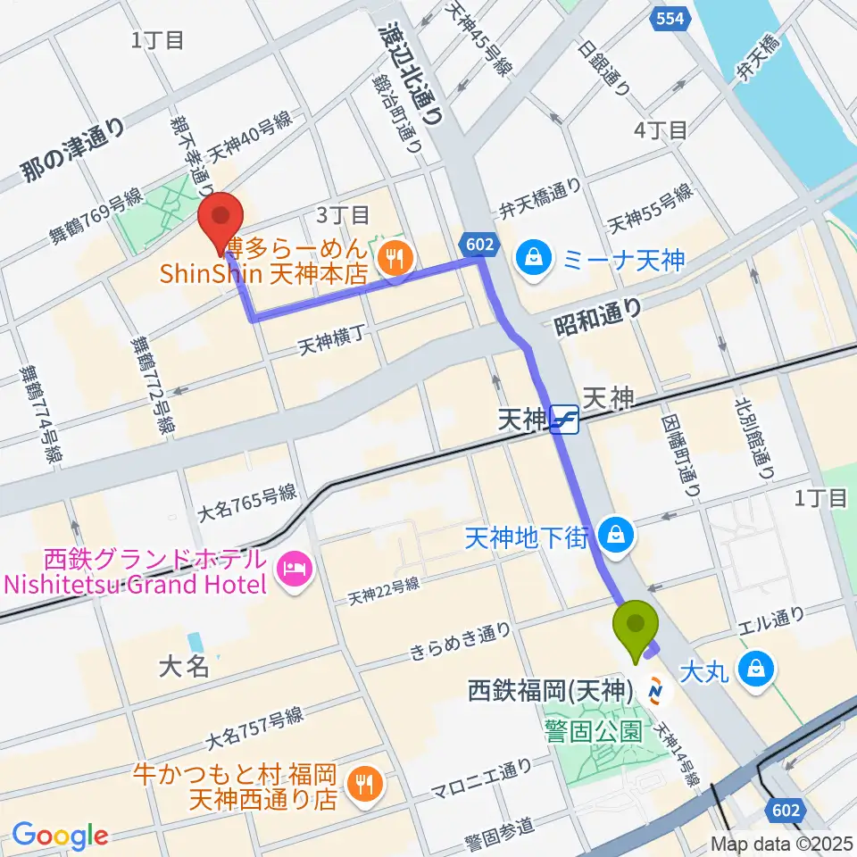 西鉄福岡（天神）駅から天神ブードゥーラウンジへのルートマップ地図