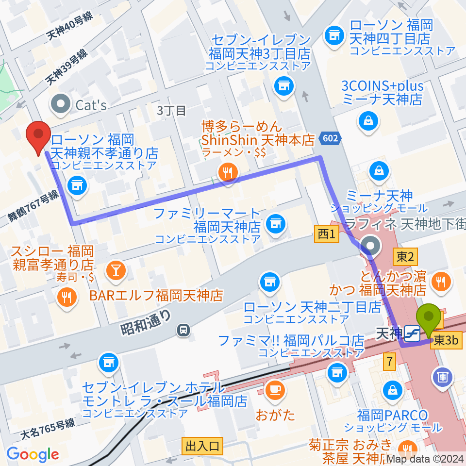 天神ブードゥーラウンジの最寄駅天神駅からの徒歩ルート（約7分）地図