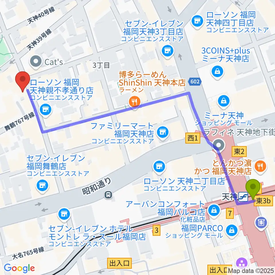 天神ブードゥーラウンジの最寄駅天神駅からの徒歩ルート（約7分）地図