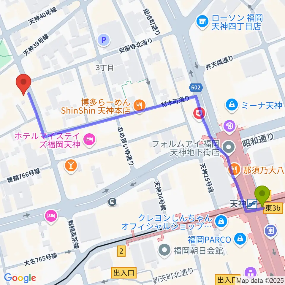 天神ブードゥーラウンジの最寄駅天神駅からの徒歩ルート（約7分）地図