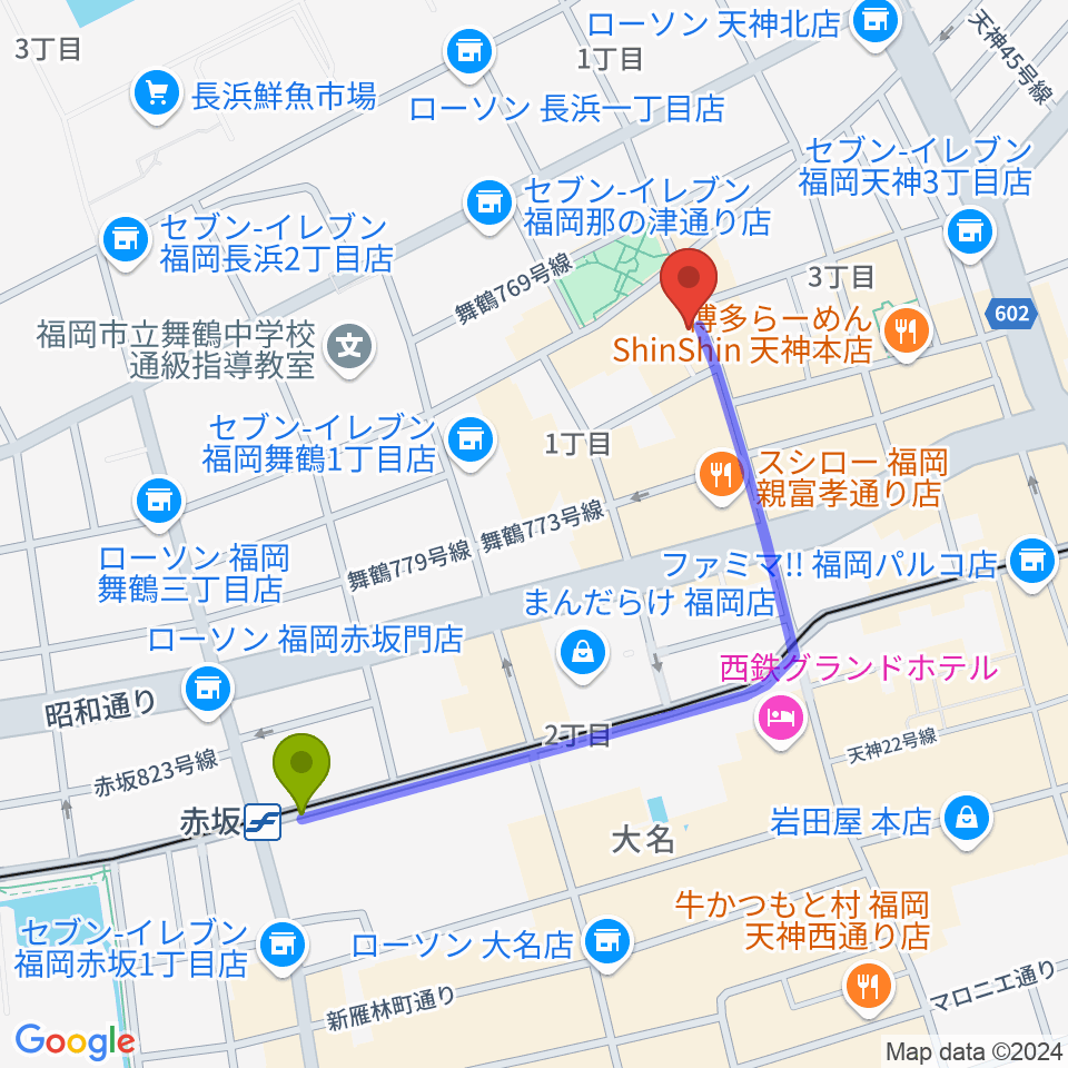 赤坂駅から天神ブードゥーラウンジへのルートマップ地図