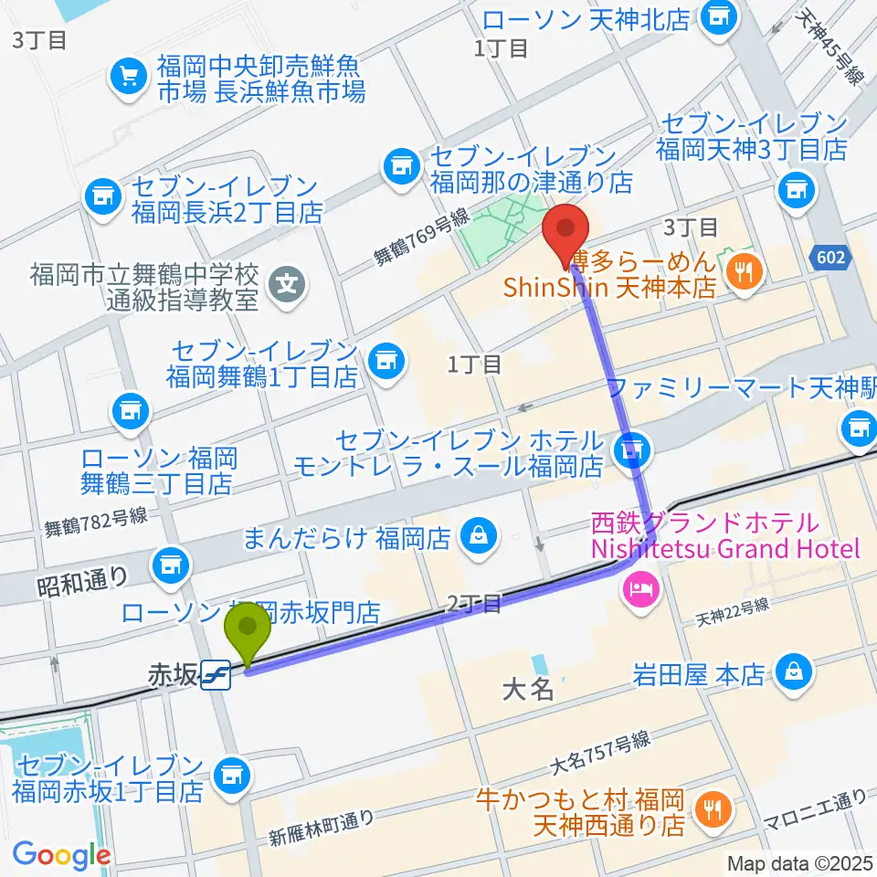 赤坂駅から天神ブードゥーラウンジへのルートマップ地図