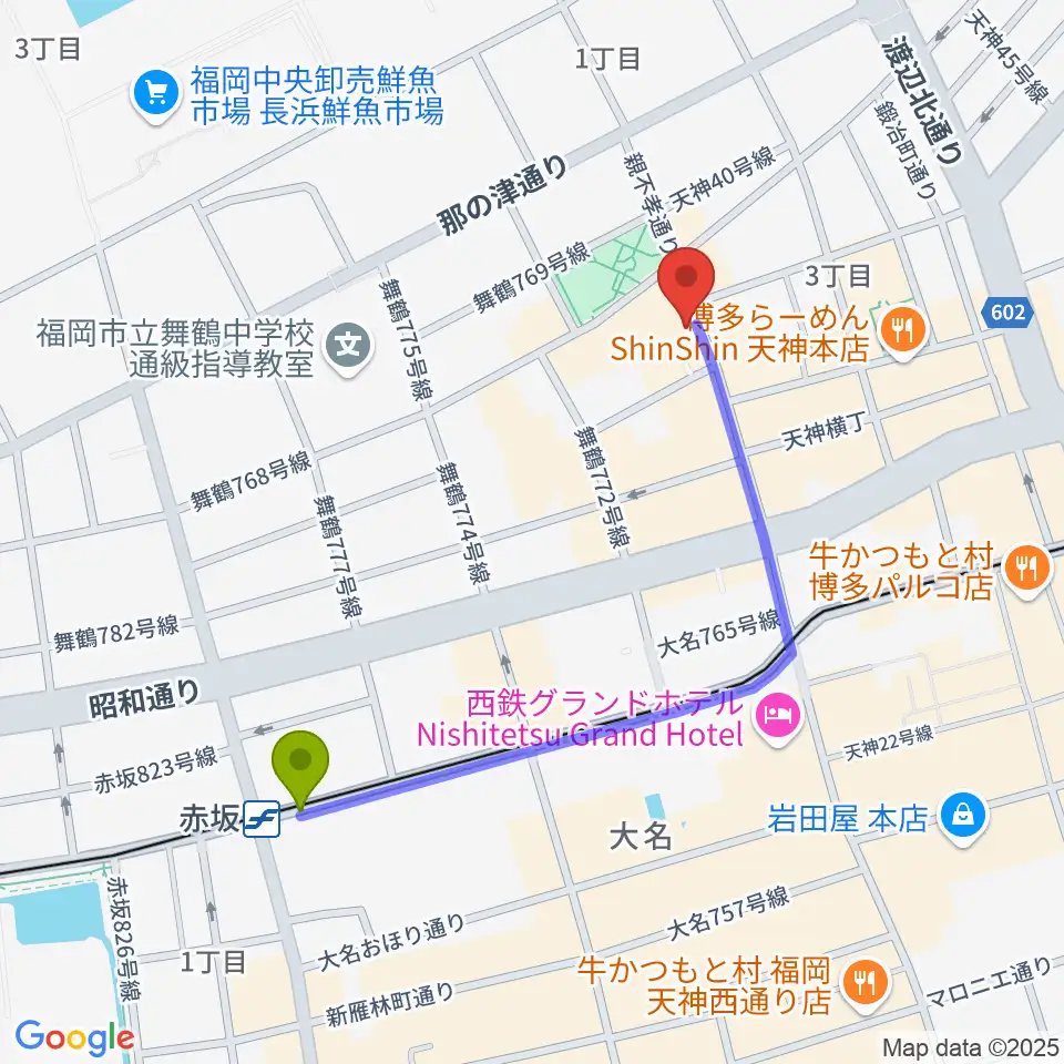 赤坂駅から天神ブードゥーラウンジへのルートマップ地図