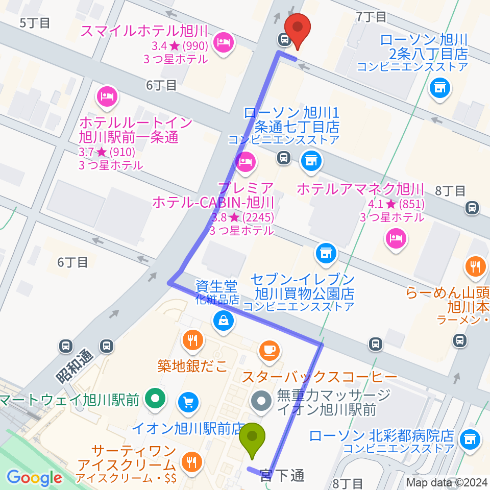 関音楽教室の最寄駅旭川駅からの徒歩ルート（約6分）地図