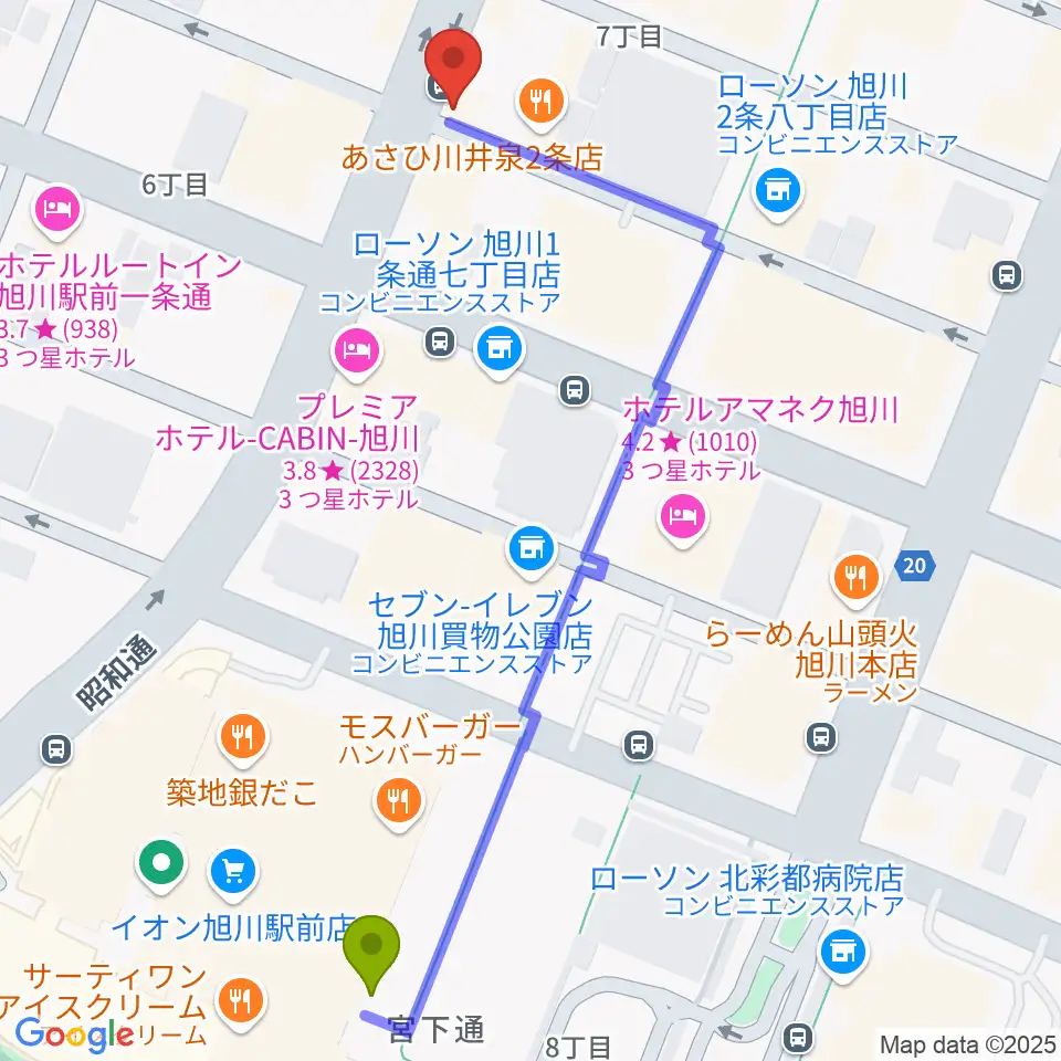 関音楽教室の最寄駅旭川駅からの徒歩ルート（約6分）地図