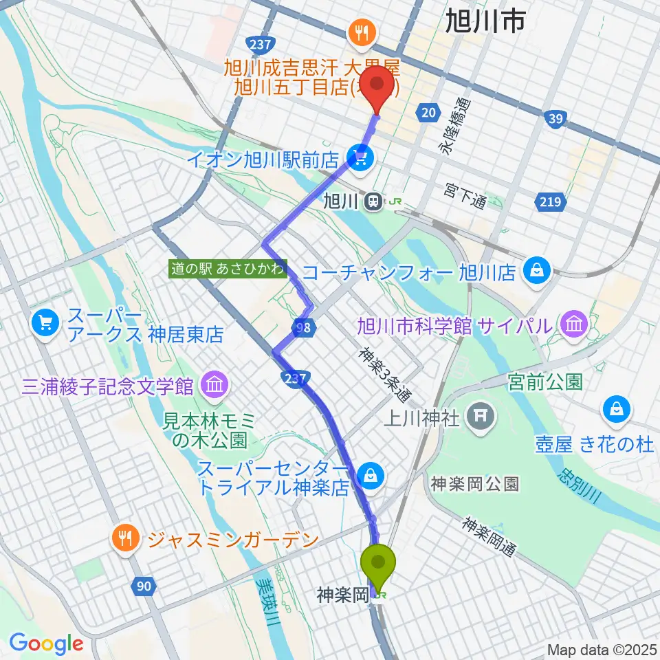 神楽岡駅から関音楽教室へのルートマップ地図