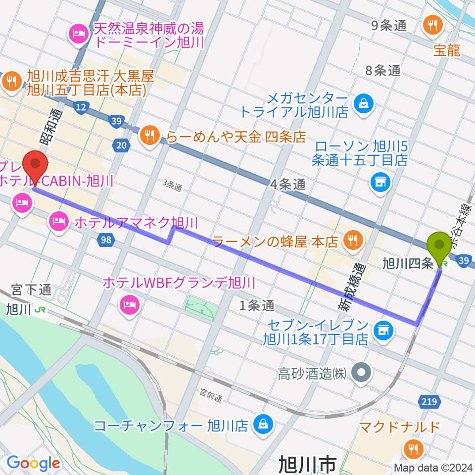 旭川四条駅から関音楽教室へのルートマップ地図