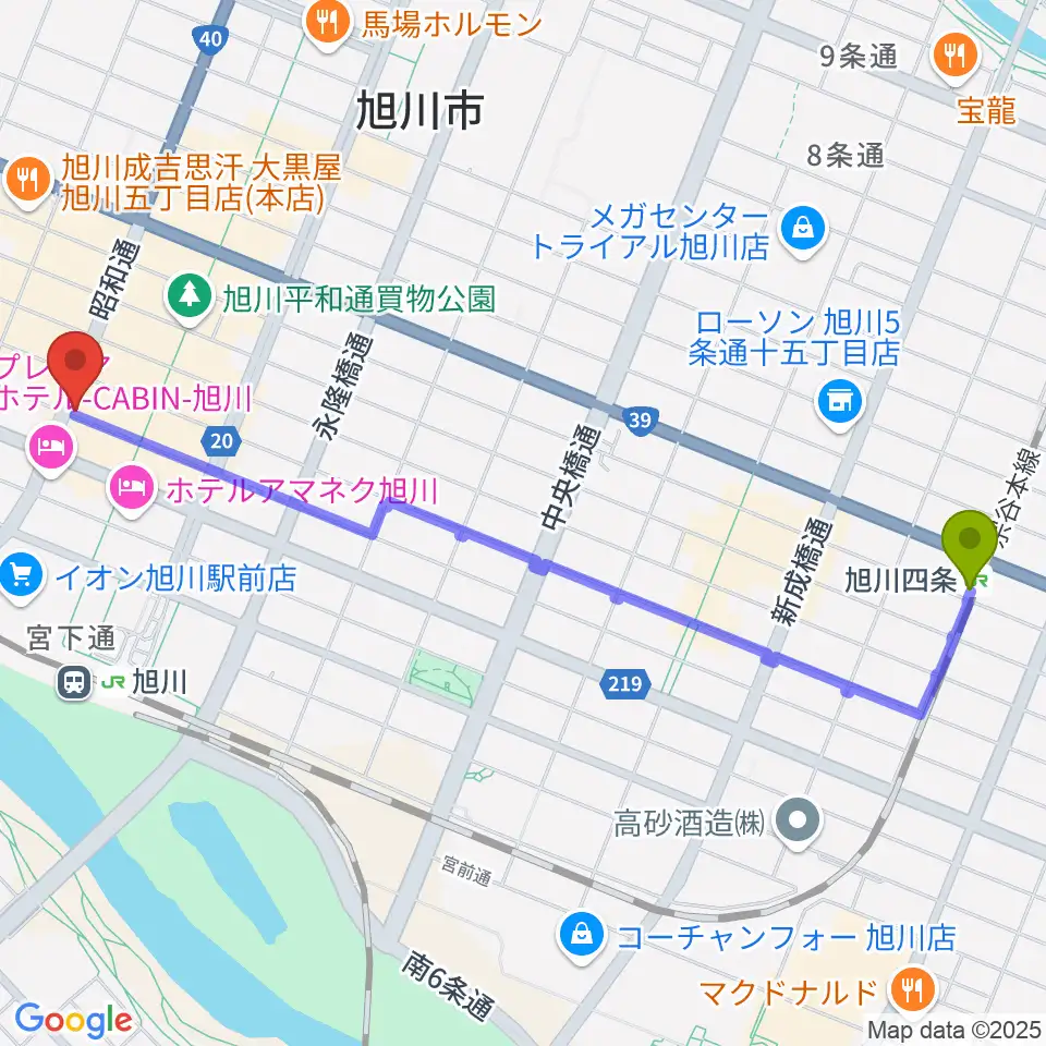 旭川四条駅から関音楽教室へのルートマップ地図
