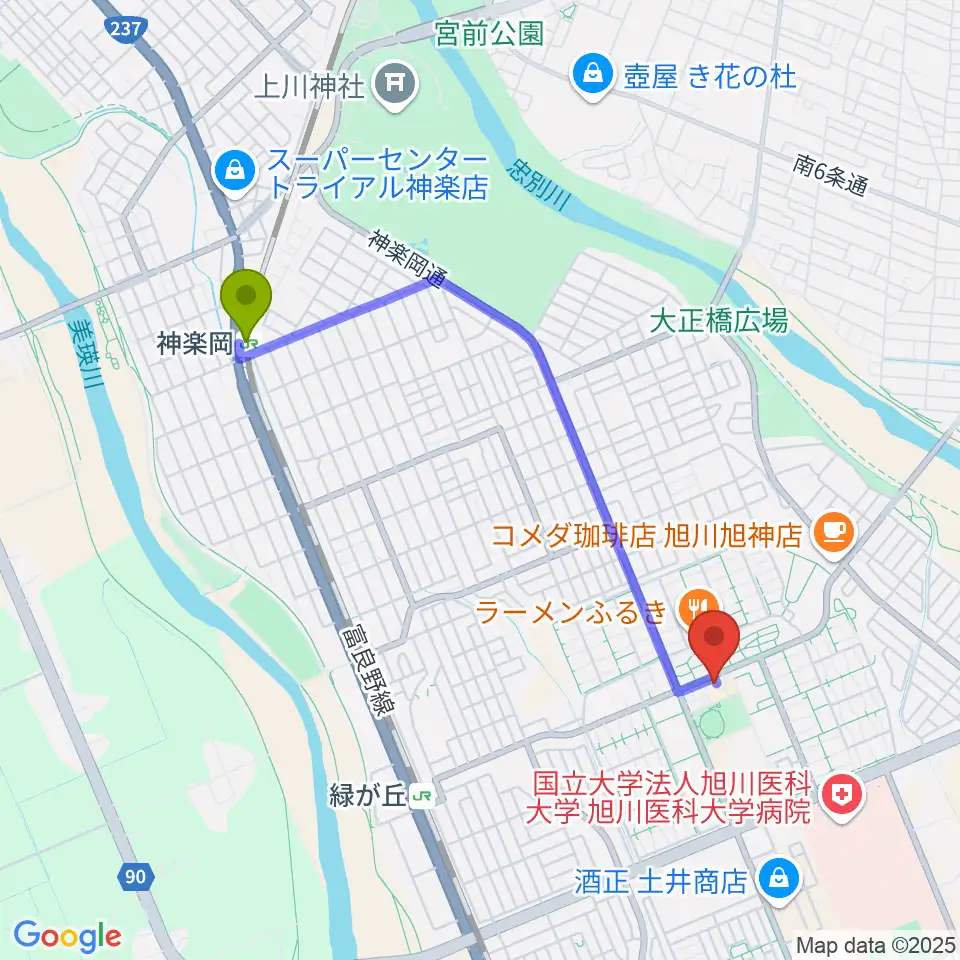 神楽岡駅からローランド音楽教室旭川緑が丘校へのルートマップ地図