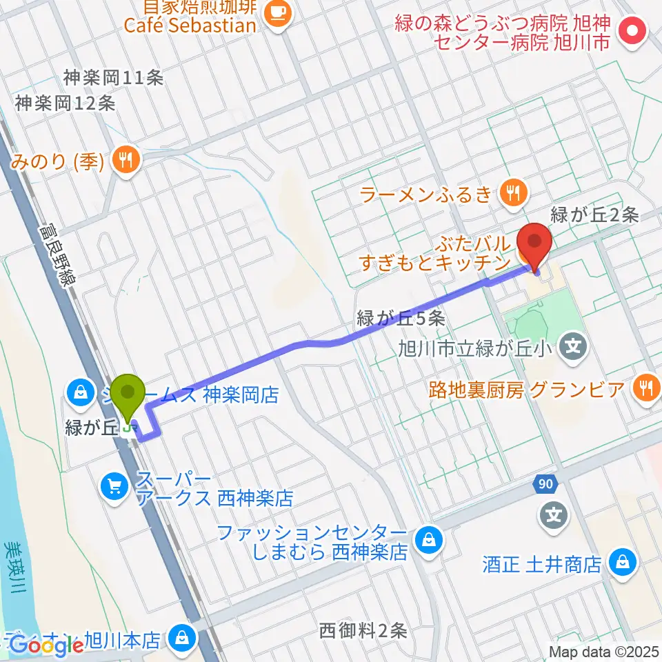 ローランド音楽教室旭川緑が丘校の最寄駅緑が丘駅からの徒歩ルート（約18分）地図
