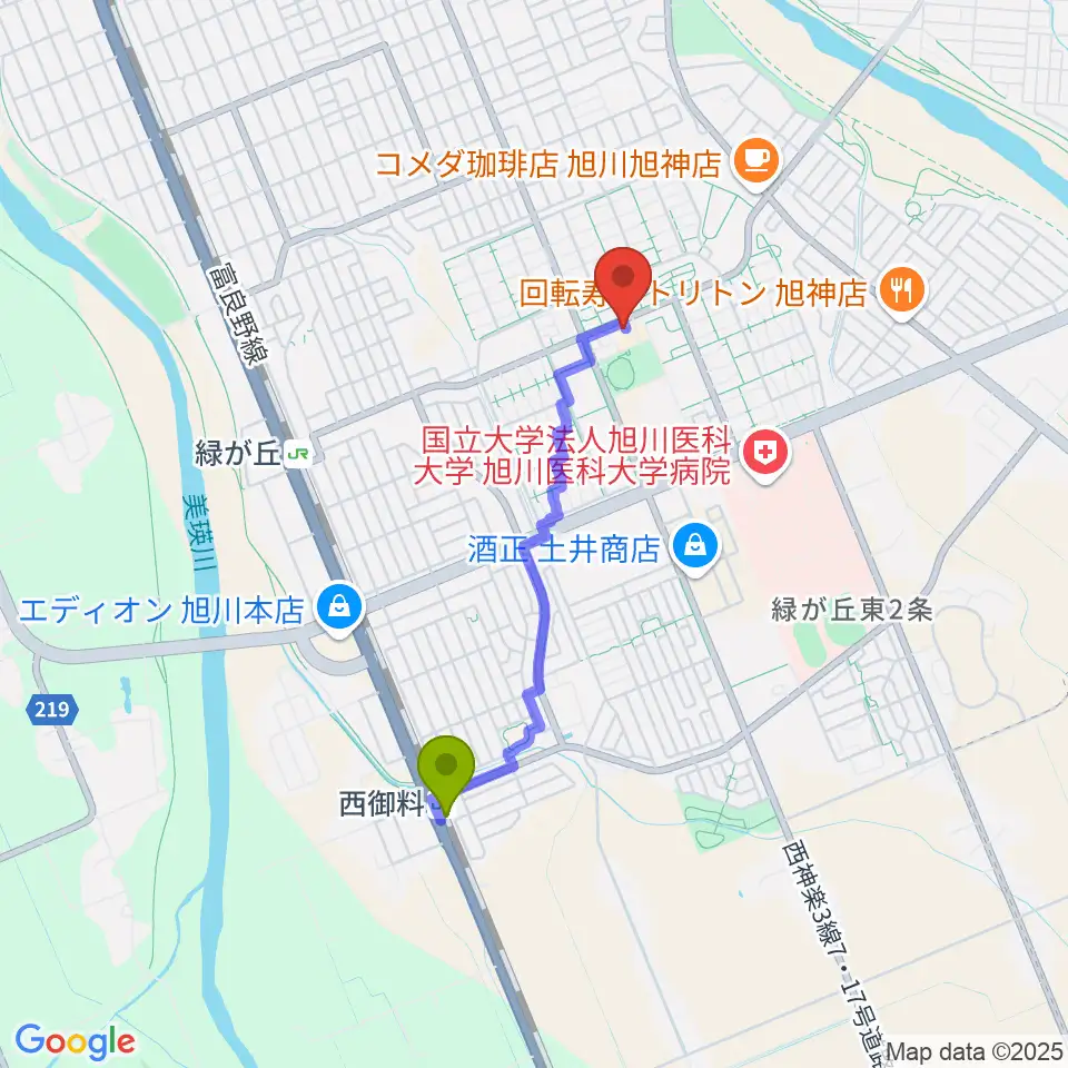 西御料駅からローランド音楽教室旭川緑が丘校へのルートマップ地図