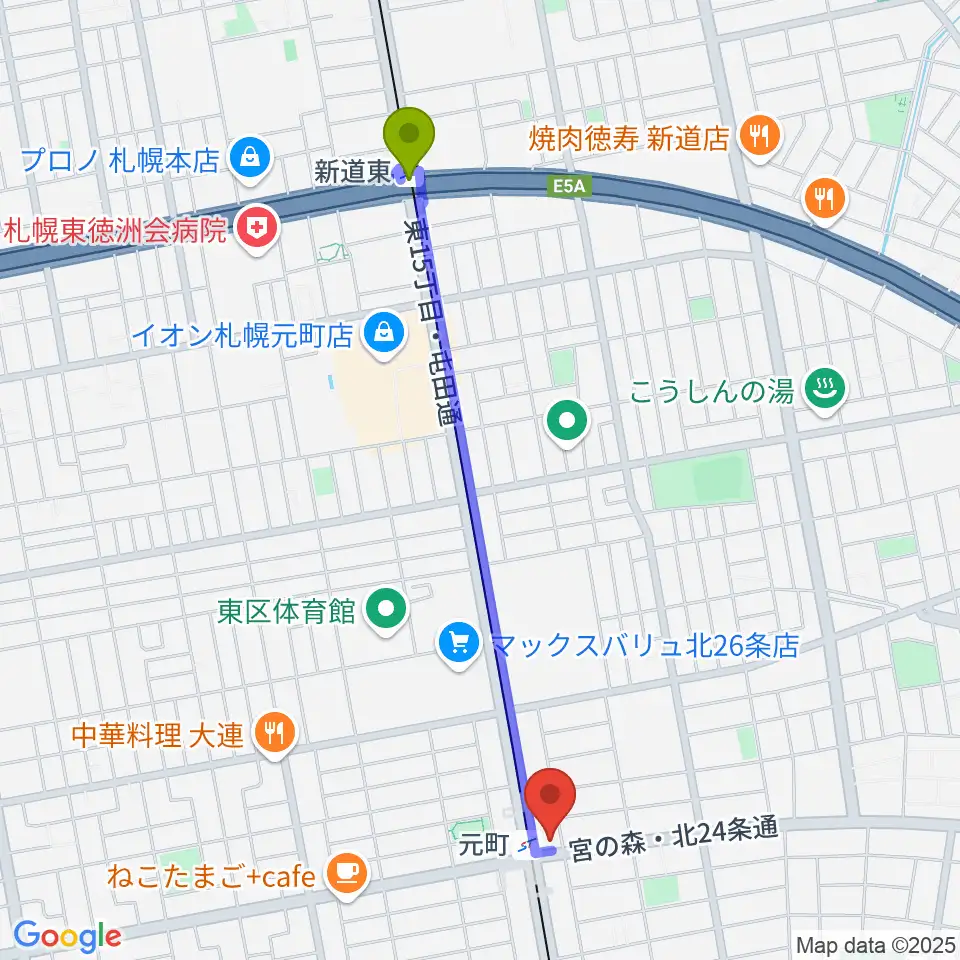 新道東駅からローランドミュージックスクール札幌元町校へのルートマップ地図