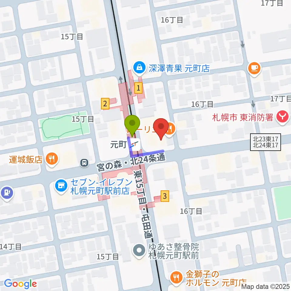 ローランドミュージックスクール札幌元町校の最寄駅元町駅からの徒歩ルート（約1分）地図