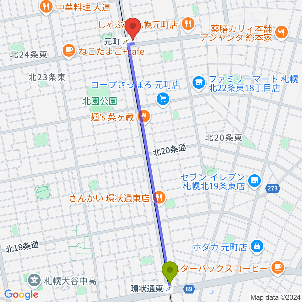 環状通東駅からローランドミュージックスクール札幌元町校へのルートマップ地図