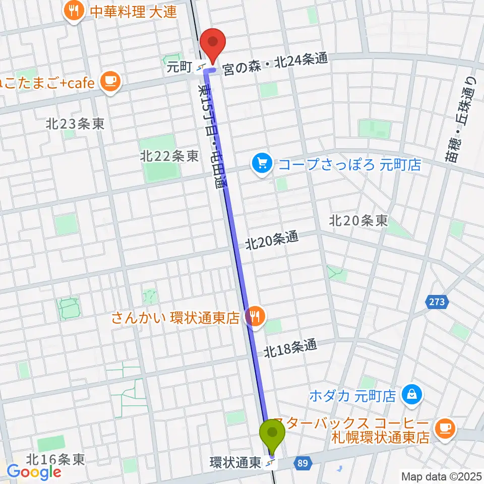 環状通東駅からローランドミュージックスクール札幌元町校へのルートマップ地図