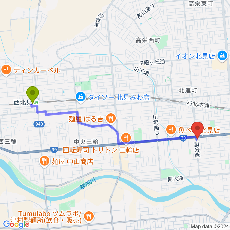 タケダ楽器の最寄駅西北見駅からの徒歩ルート（約41分）地図