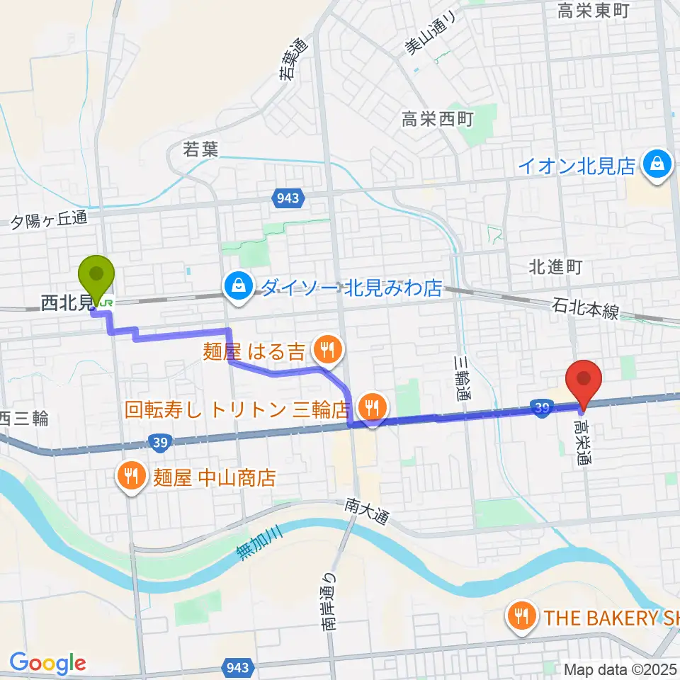 タケダ楽器の最寄駅西北見駅からの徒歩ルート（約41分）地図