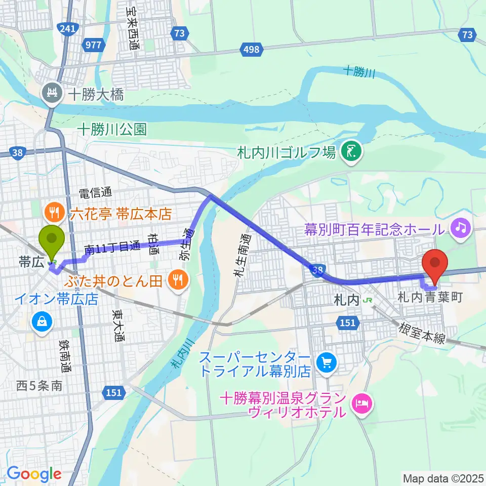 帯広駅からもうり音楽教室へのルートマップ地図