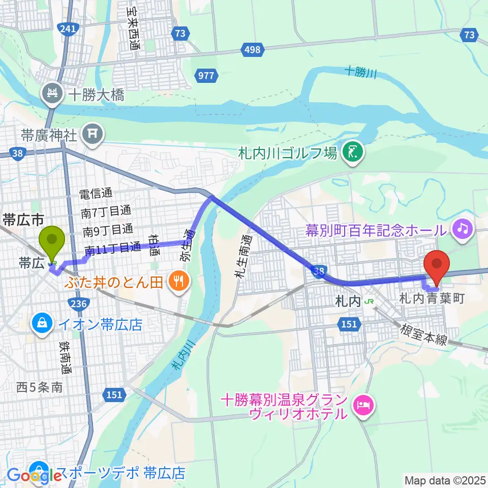 帯広駅からもうり音楽教室へのルートマップ地図