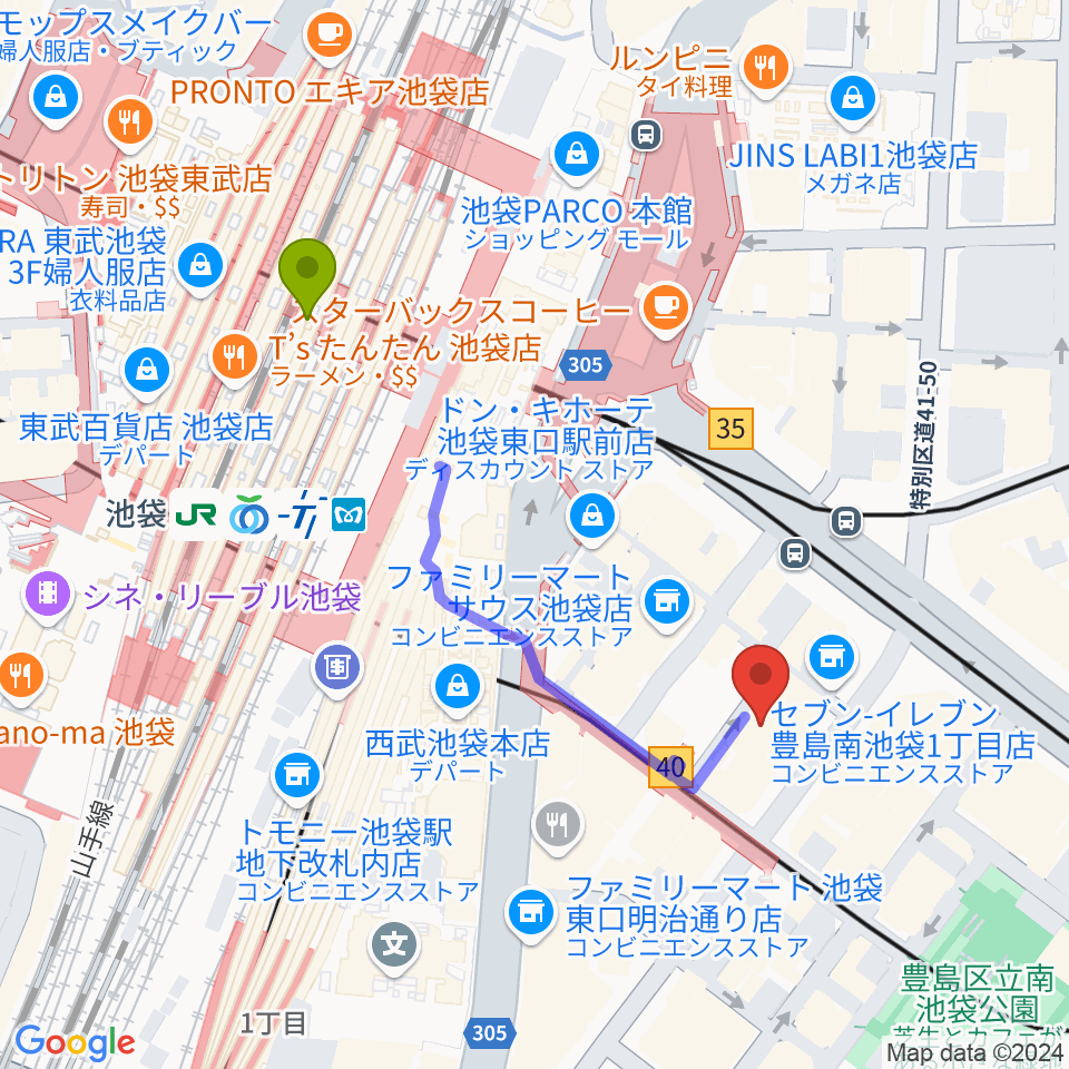 ヤマハミュージック 池袋店の最寄駅池袋駅からの徒歩ルート（約4分）地図