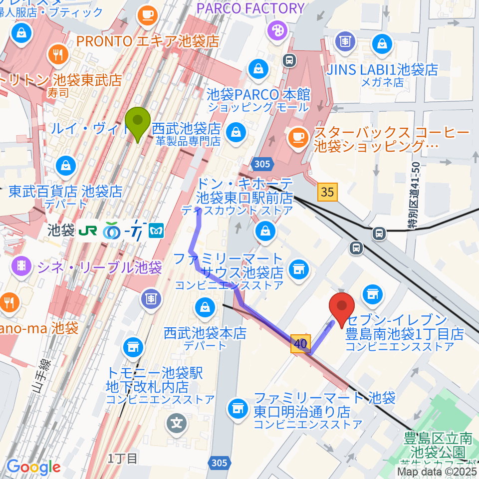 ヤマハミュージック 池袋店の最寄駅池袋駅からの徒歩ルート（約4分）地図