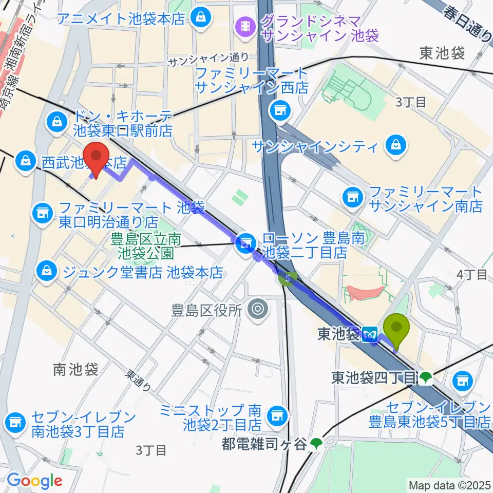 東池袋駅からヤマハミュージック 池袋店へのルートマップ地図