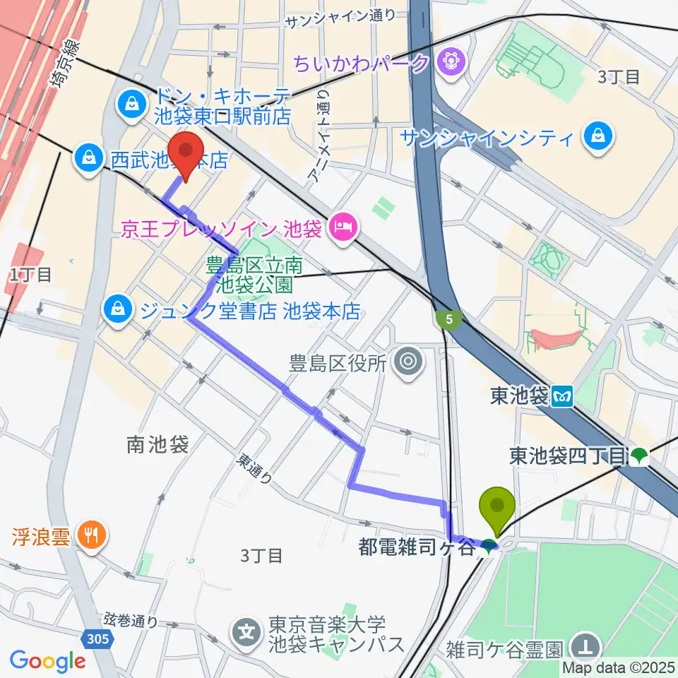 都電雑司ヶ谷駅からヤマハミュージック池袋店へのルートマップ Mdata