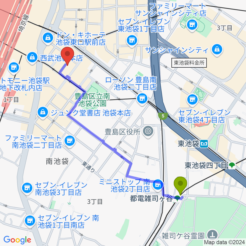 都電雑司ヶ谷駅からヤマハミュージック 池袋店へのルートマップ地図