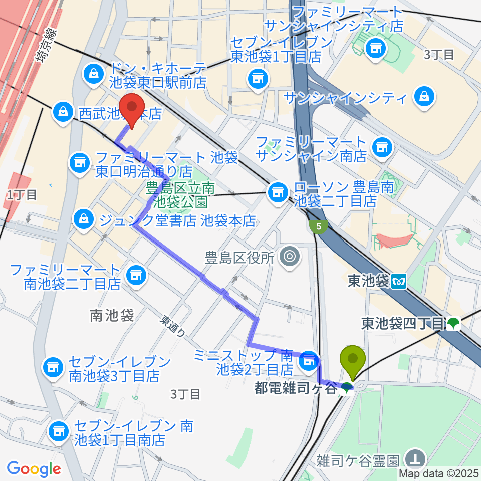 都電雑司ヶ谷駅からヤマハミュージック 池袋店へのルートマップ地図