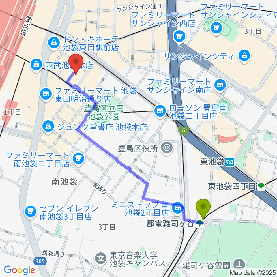 都電雑司ヶ谷駅からヤマハミュージック 池袋店へのルートマップ地図