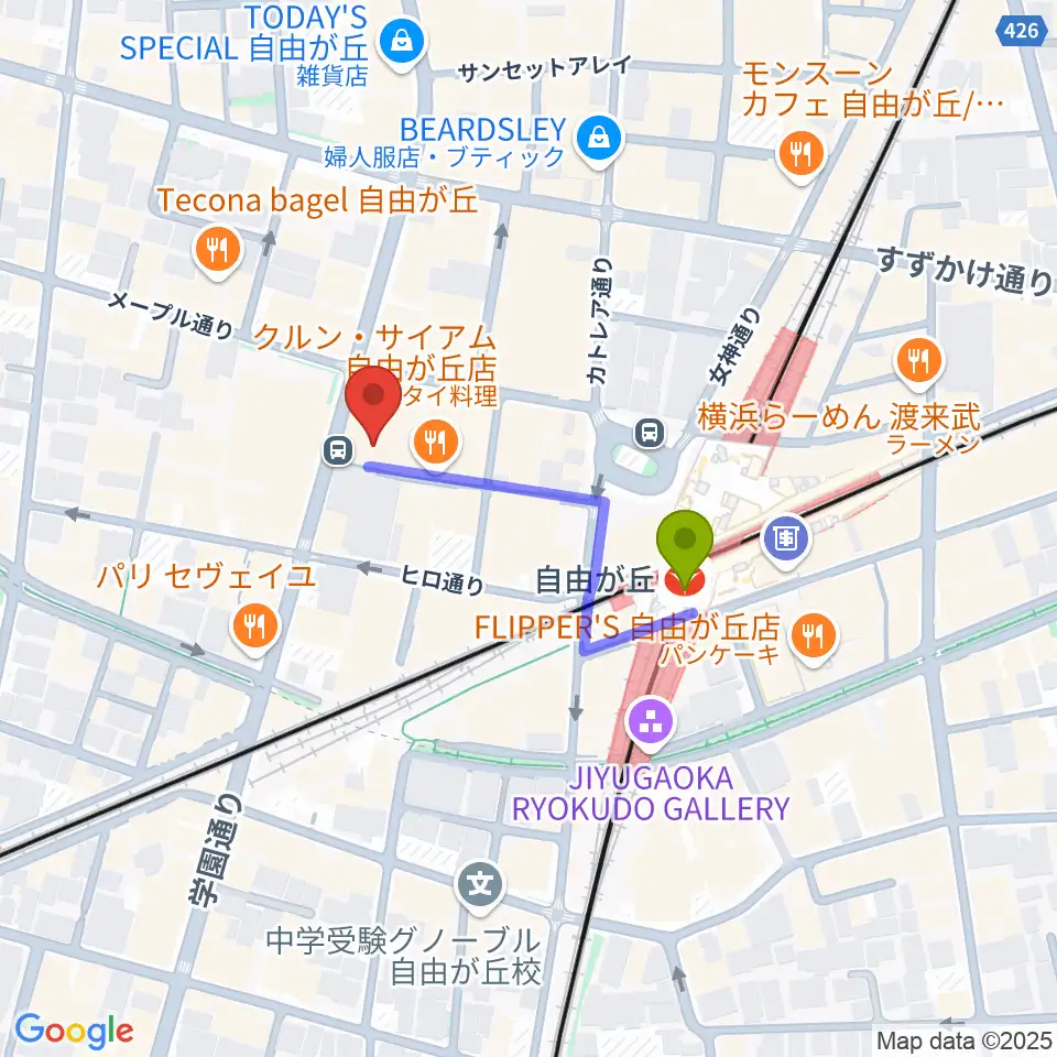 ミュージックアベニュー自由が丘 ヤマハミュージックの最寄駅自由が丘駅からの徒歩ルート（約3分）地図