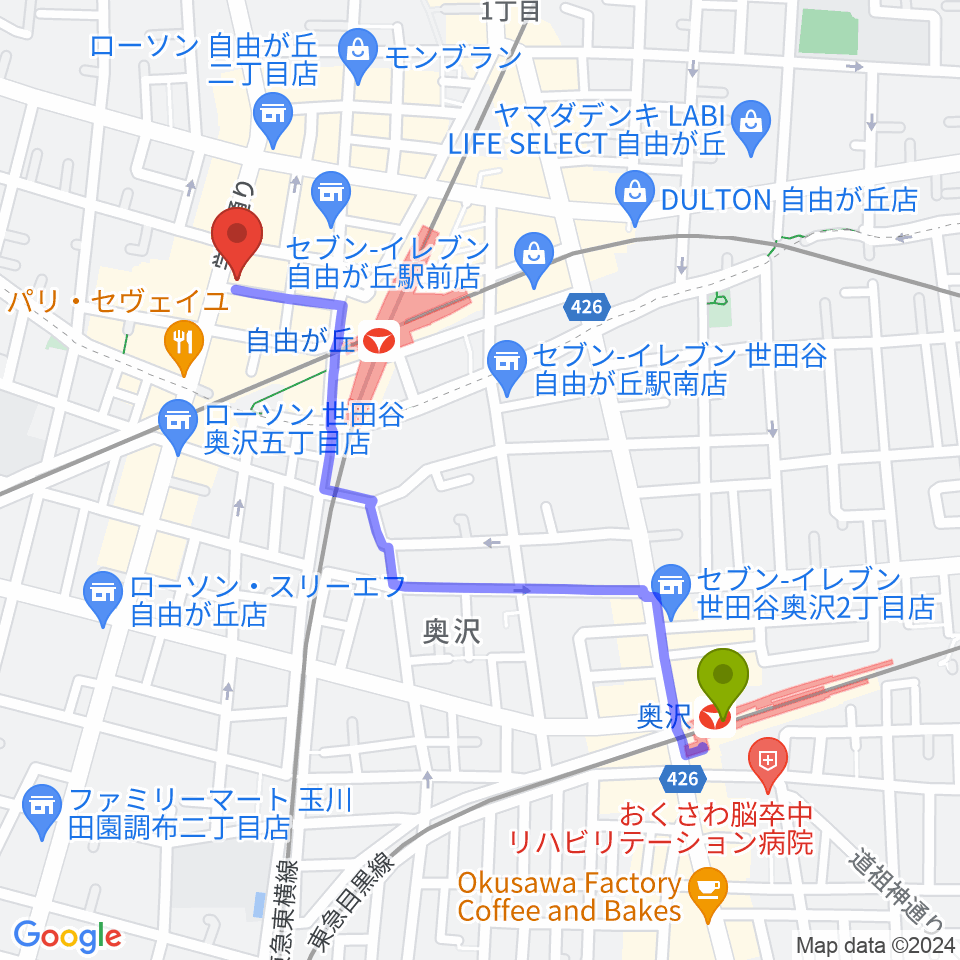 奥沢駅からミュージックアベニュー自由が丘 ヤマハミュージックへのルートマップ地図