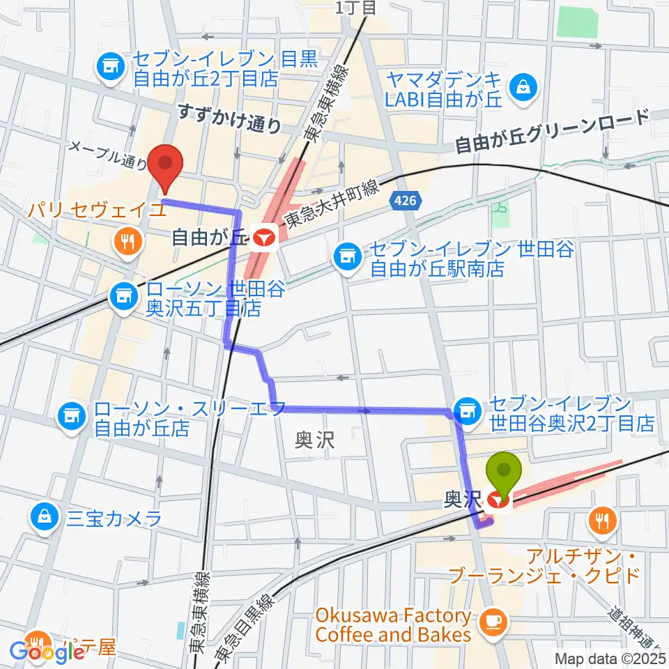 奥沢駅からミュージックアベニュー自由が丘 ヤマハミュージックへのルートマップ地図