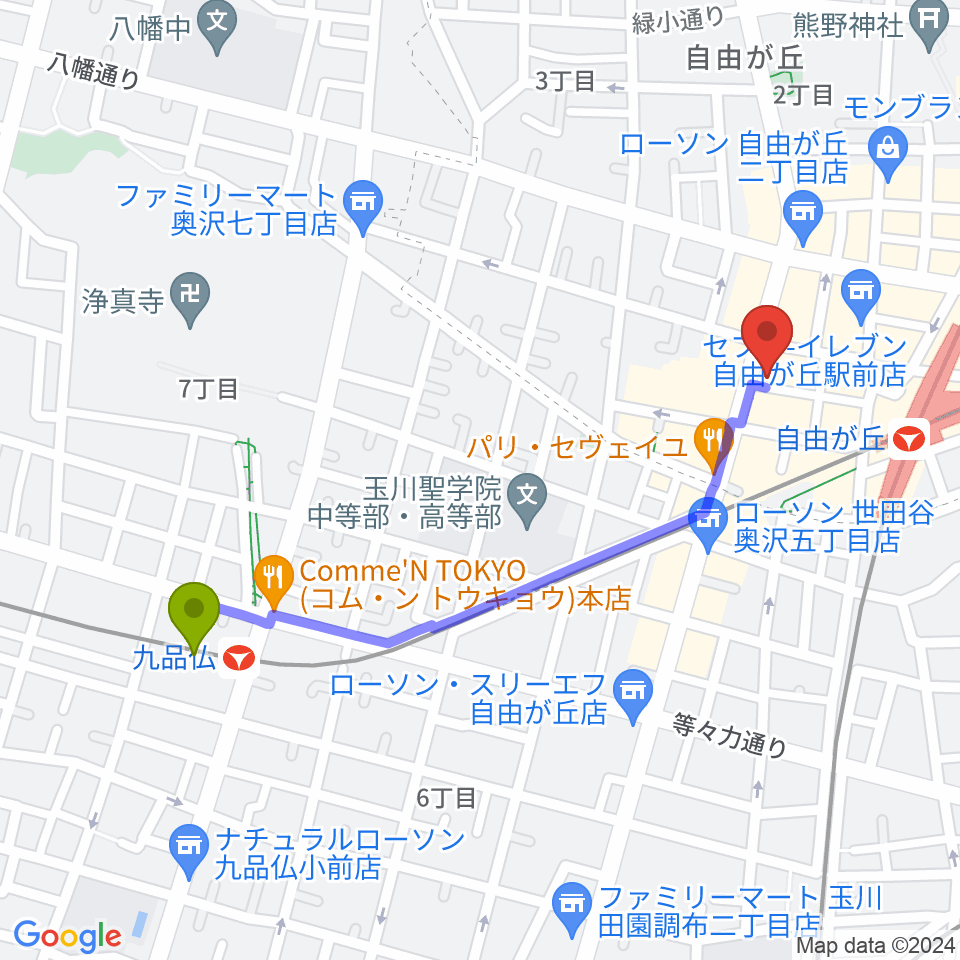 九品仏駅からミュージックアベニュー自由が丘 ヤマハミュージックへのルートマップ地図