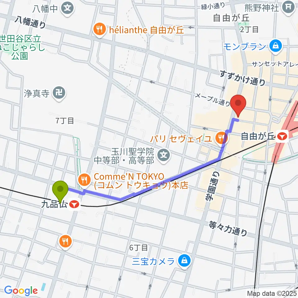 九品仏駅からミュージックアベニュー自由が丘 ヤマハミュージックへのルートマップ地図