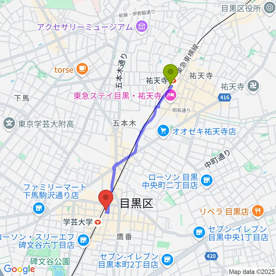 祐天寺駅から学芸大学センター ヤマハミュージックへのルートマップ地図