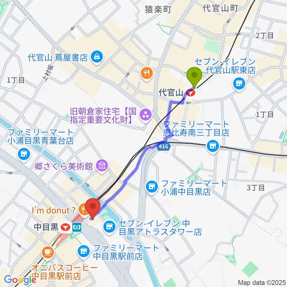 代官山駅から中目黒音楽センター ヤマハミュージックへのルートマップ地図